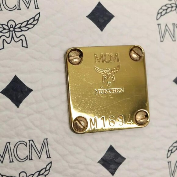 MCM Vicetos Logogram Shoulder Bag PVC Leather White Black gold Auth - Picture 10 of 16